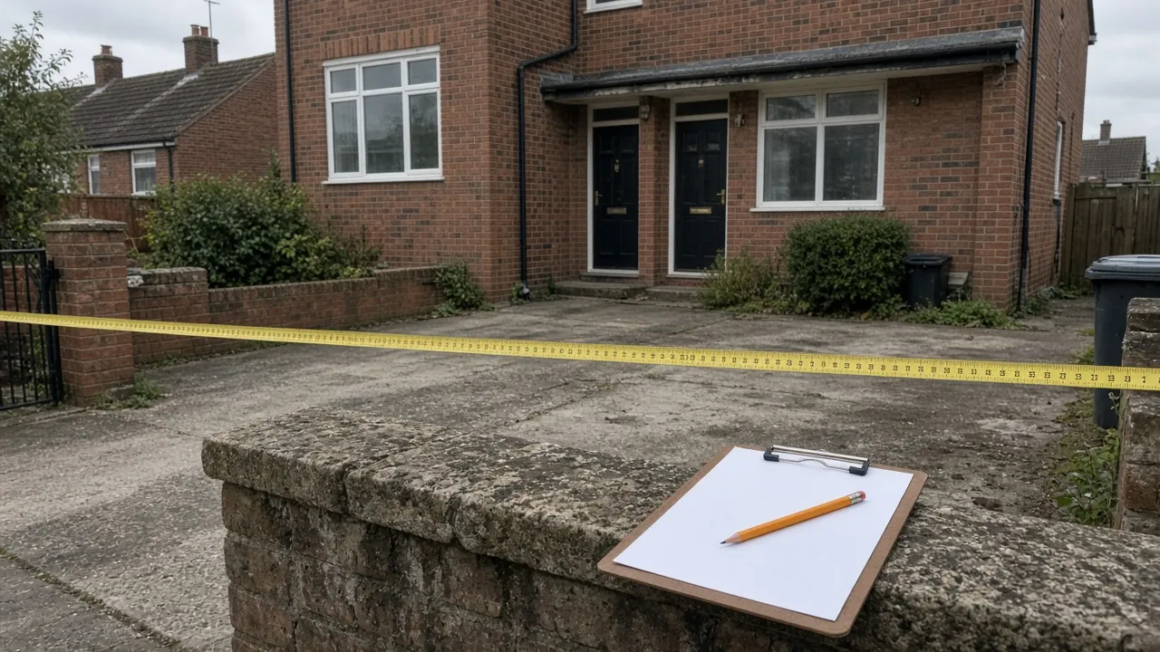 Tape measure across an old concrete drive, the first step in pricing a new driveway
