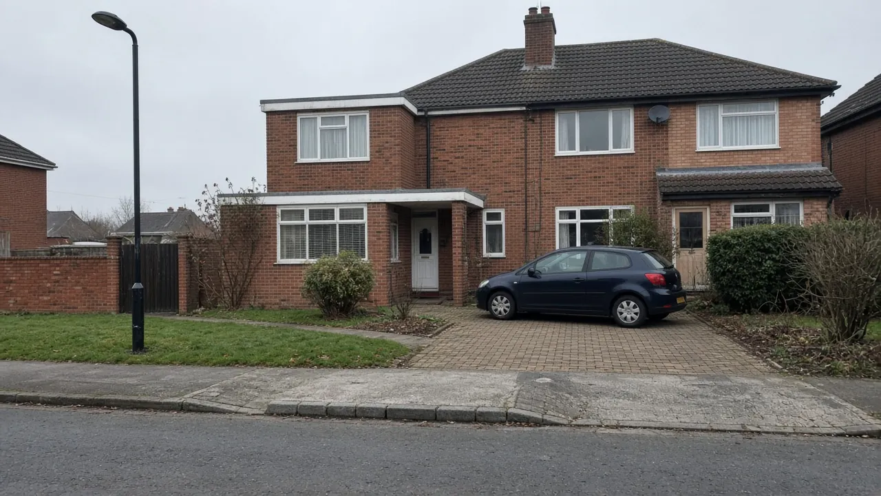 Block paved drive leading to a dropped kerb across the pavement outside a 1960s semi