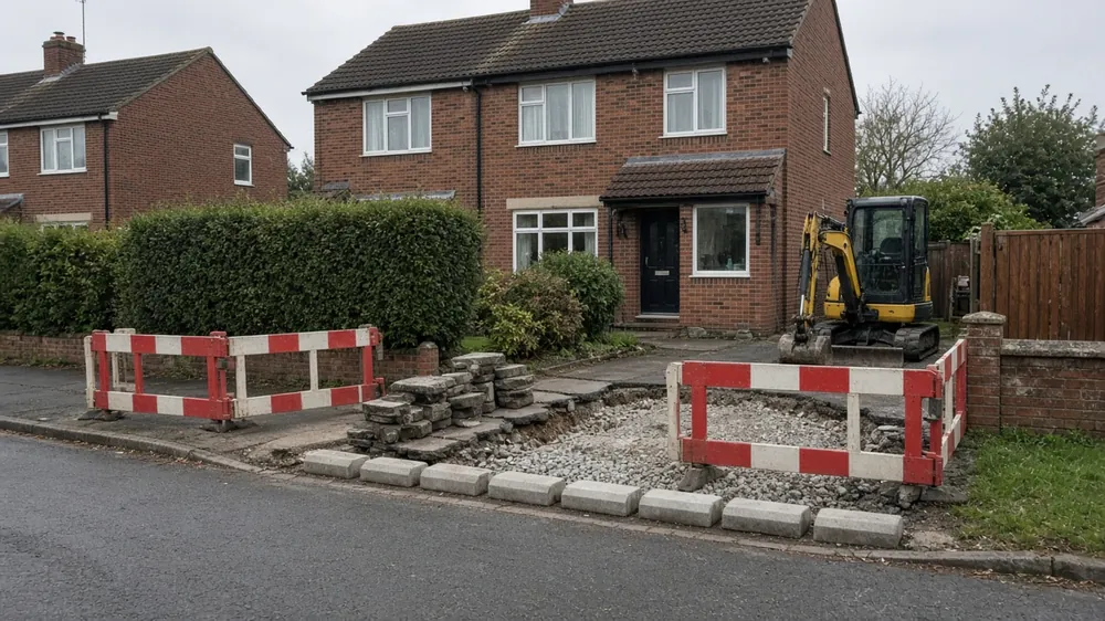 Pavement dug out for a new vehicle crossing behind pedestrian barriers