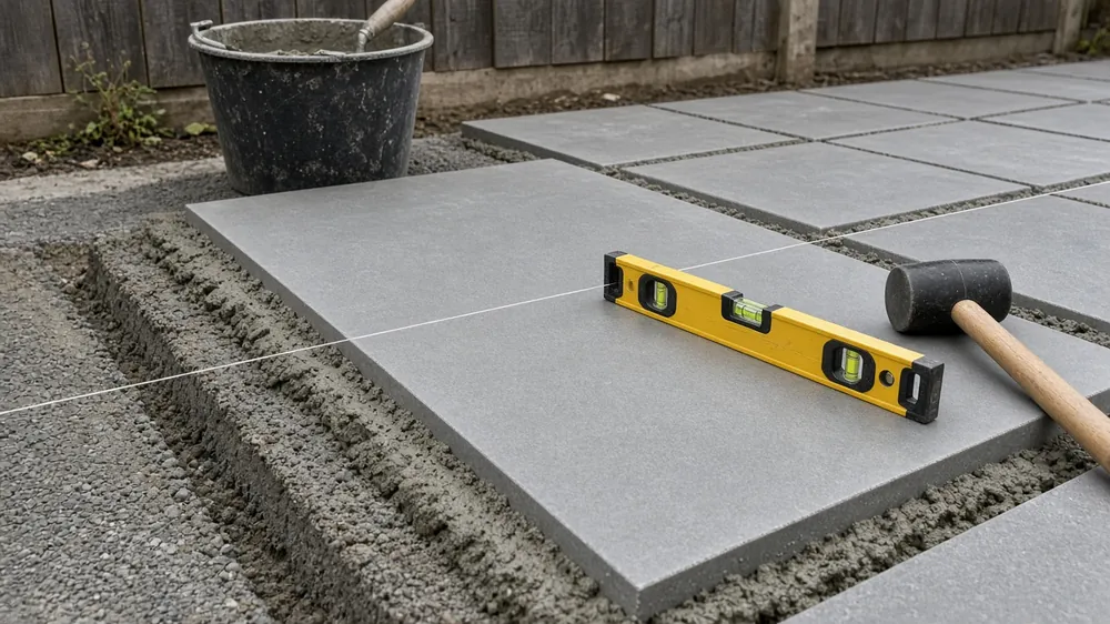 Patio slabs being bedded on a full mortar bed with a spirit level and string line