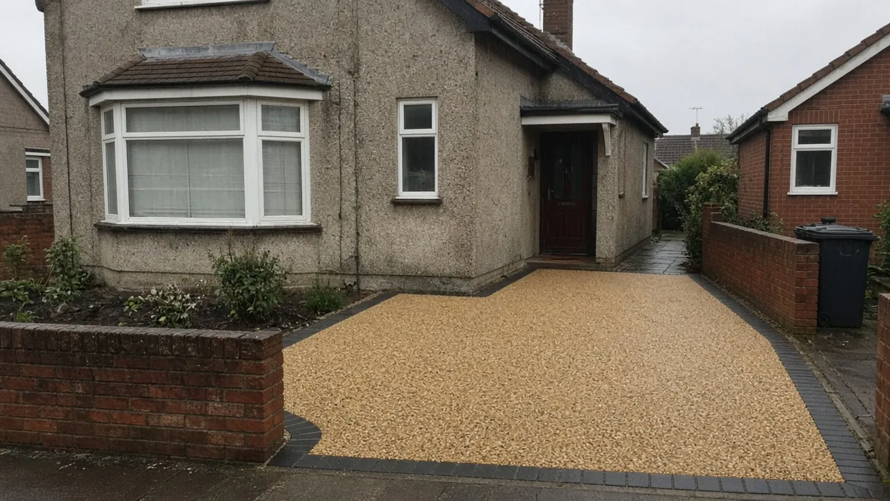 Resin-bound driveway in a honey-coloured aggregate in front of a 1930s semi