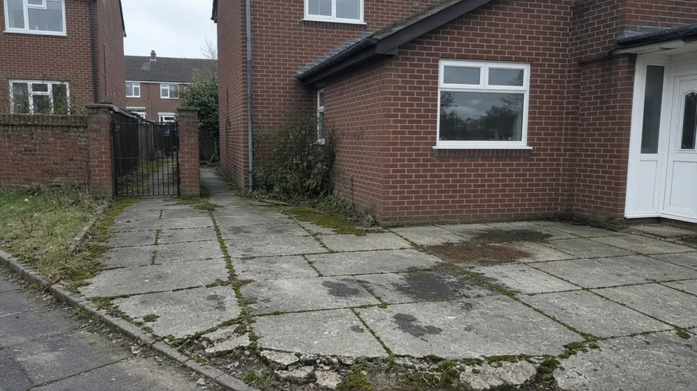 Worn concrete driveway with sunken, cracked sections beside a 1960s semi