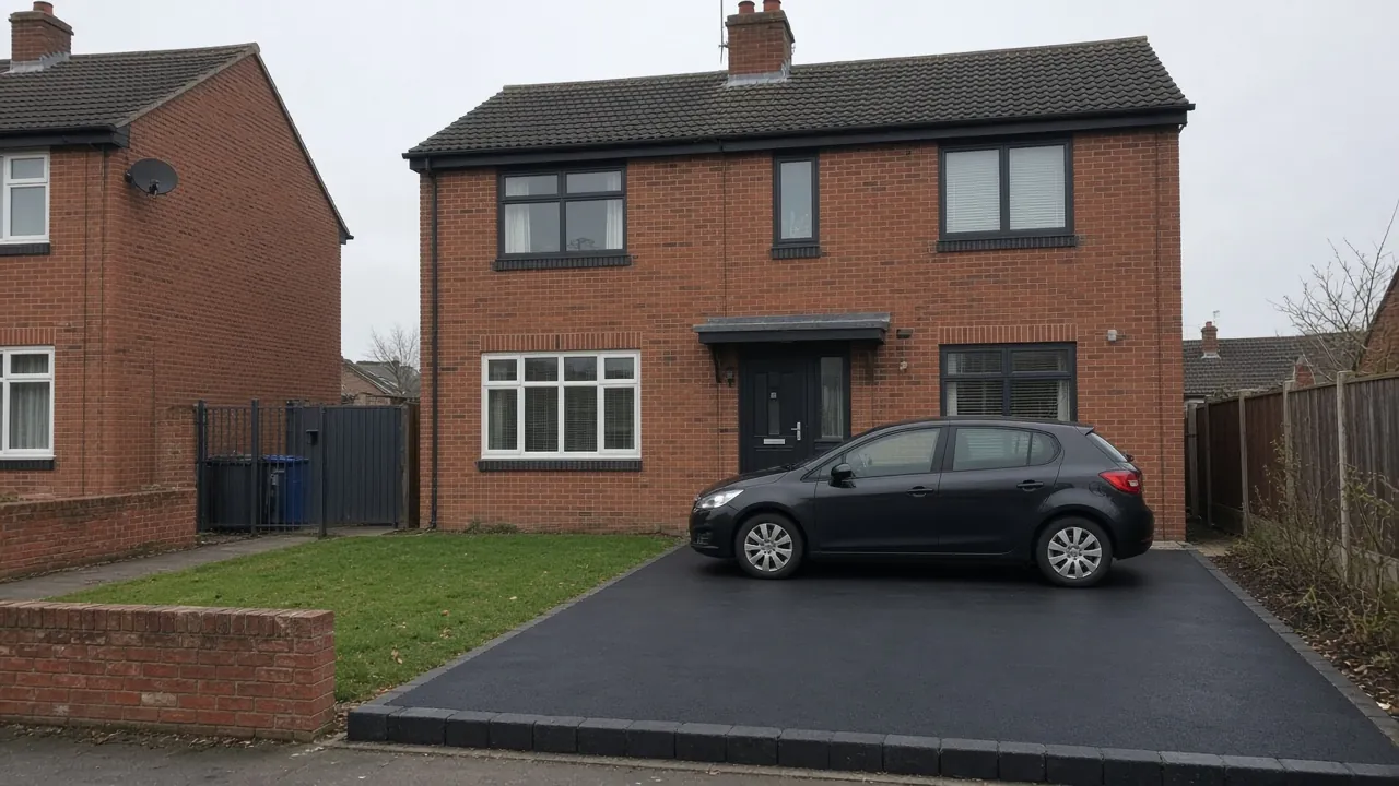 Black tarmac driveway with block edging in front of an ex-council semi