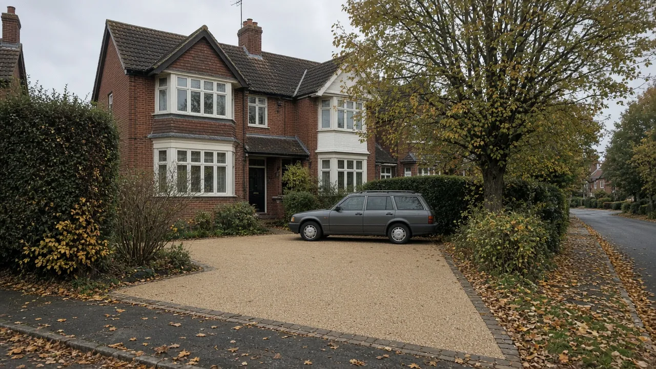 Wide resin-bound double driveway on a leafy road of 1930s semis in Marton